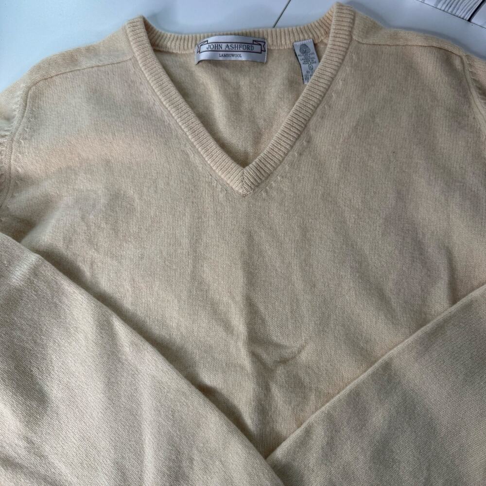 VTG 80s 90s John Ashford Ivory 100% LambsWool V Neck Sweater XL Grandpa Preppy